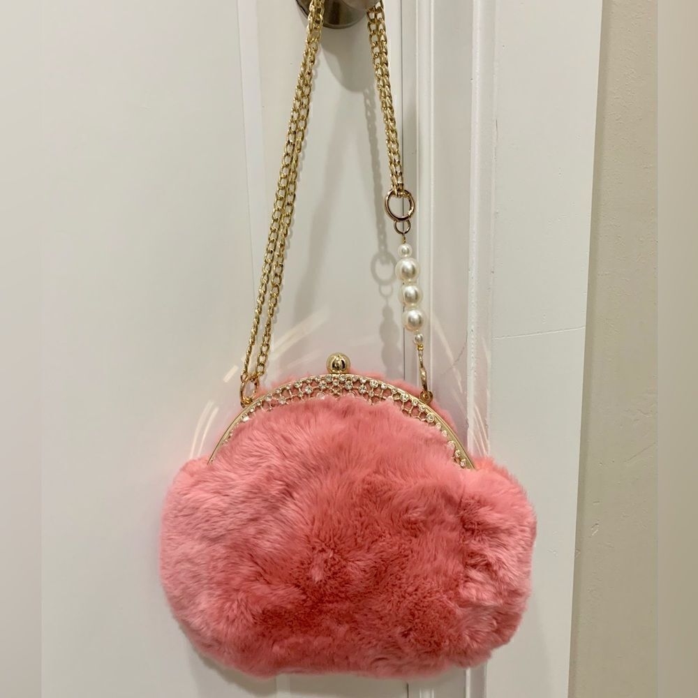 Handmade Real Rex Rabbit Fur Rhinestone Kisslock Wristlet/Crossbody/Evening Bag